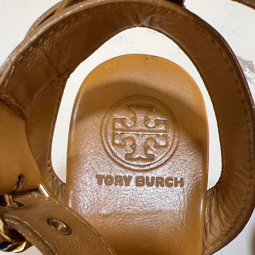 Tory Burch Tan Almita Wood Platform Leather Wedges size 7.5M
